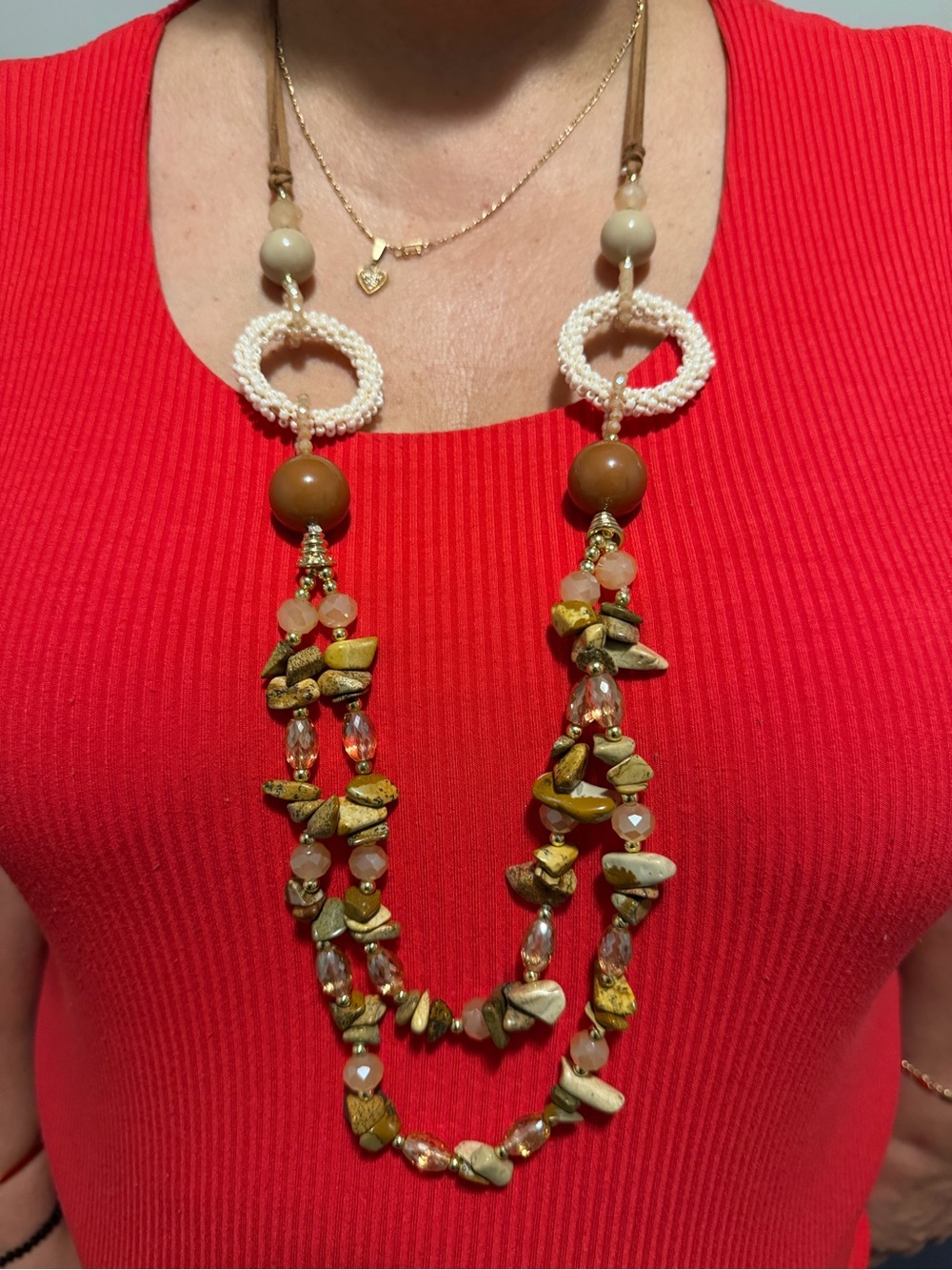 Multi-Strand Olive Green & Cream Bead Statement Necklace - Women Jewelry
